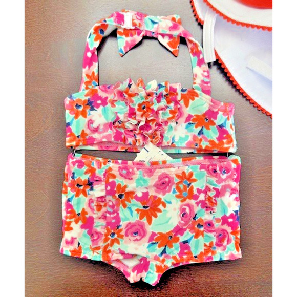 Janie And Jack Sz 6-12 mths Retro Inspire PINK ORANGE Swim Suit 2pc + HAT w/bow - Picture 3 of 15